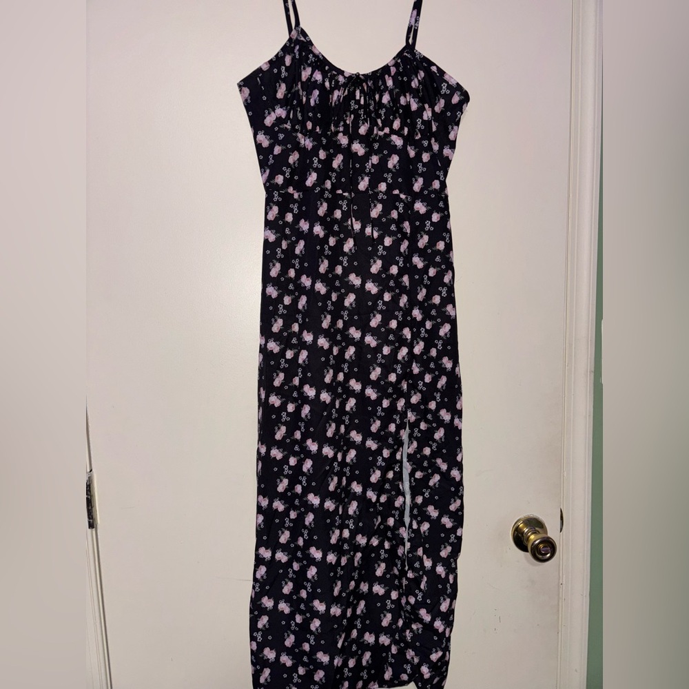 Spaghetti strap floral midi dress with front ties and slit